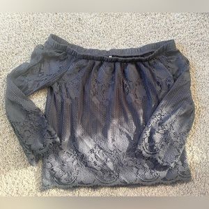 Purpleish gray off the shoulder top.